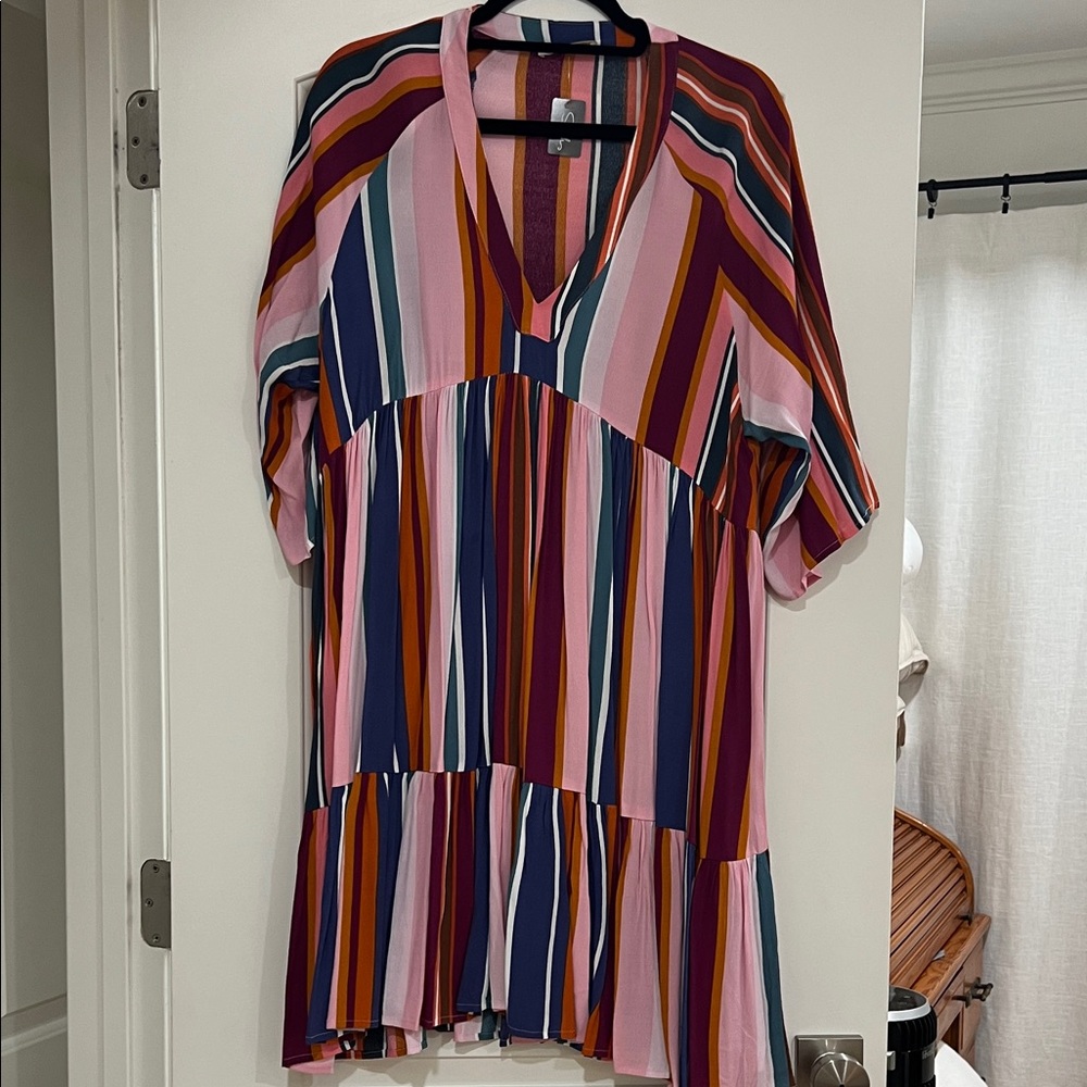 Colorful Striped Tiered V-Neck Dress - Pink, Blue, Orange